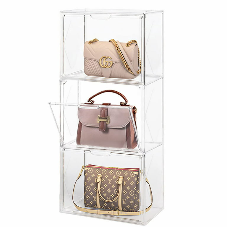 3 Packs Clear Handbag Storage Organizers for Closet, Plastic Acrylic  Handbag Purse Shoes Toy Display Case, Stackable Magnetic Drop Front Storage
