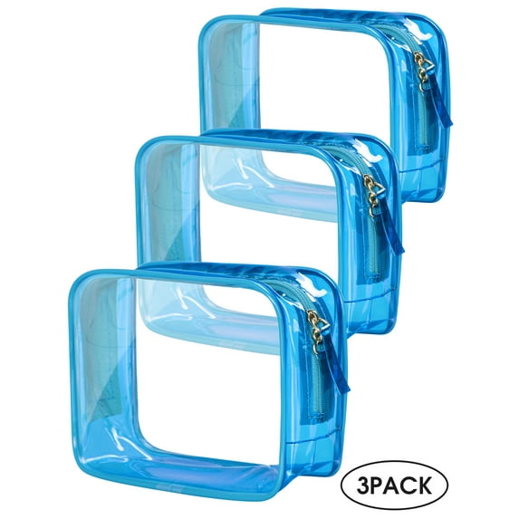 3 Packs Clear Toiletry Bag, Portable Zipper PVC Cosmetic Pouch, Women Men Travel Essentials Waterproof Travel Toiletry Pouch, Airport Airline Carrying Standards (Blue XL)