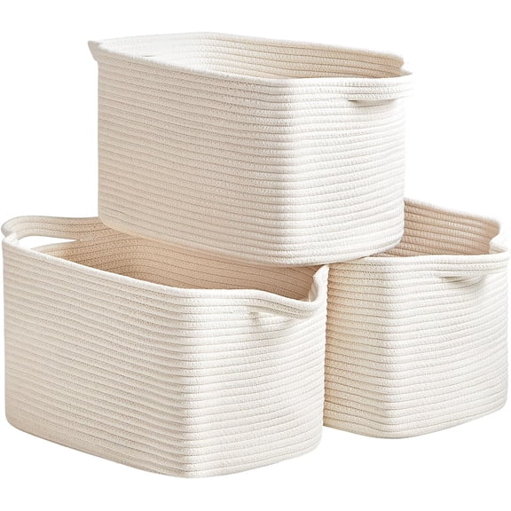 3 Packs Cotton Rope Woven Basket With Handles for Shelves -15"*10.2"*9.1"(White)