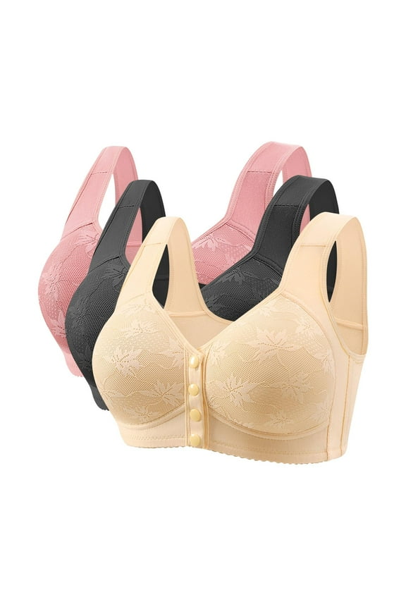 3 Packs Daisy Bras for Older Women Push Up No Underwire Full Coverage Lace Bra Convenient Front Closure Plus Size Comfortable Everyday Bra