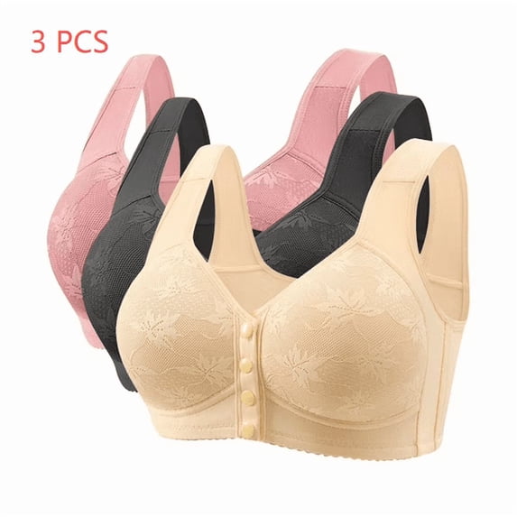 3 Packs Daisy Bras for Older Women Push Up No Underwire Full Coverage Lace Bra Convenient Front Closure Plus Size Comfortable Everyday Bra