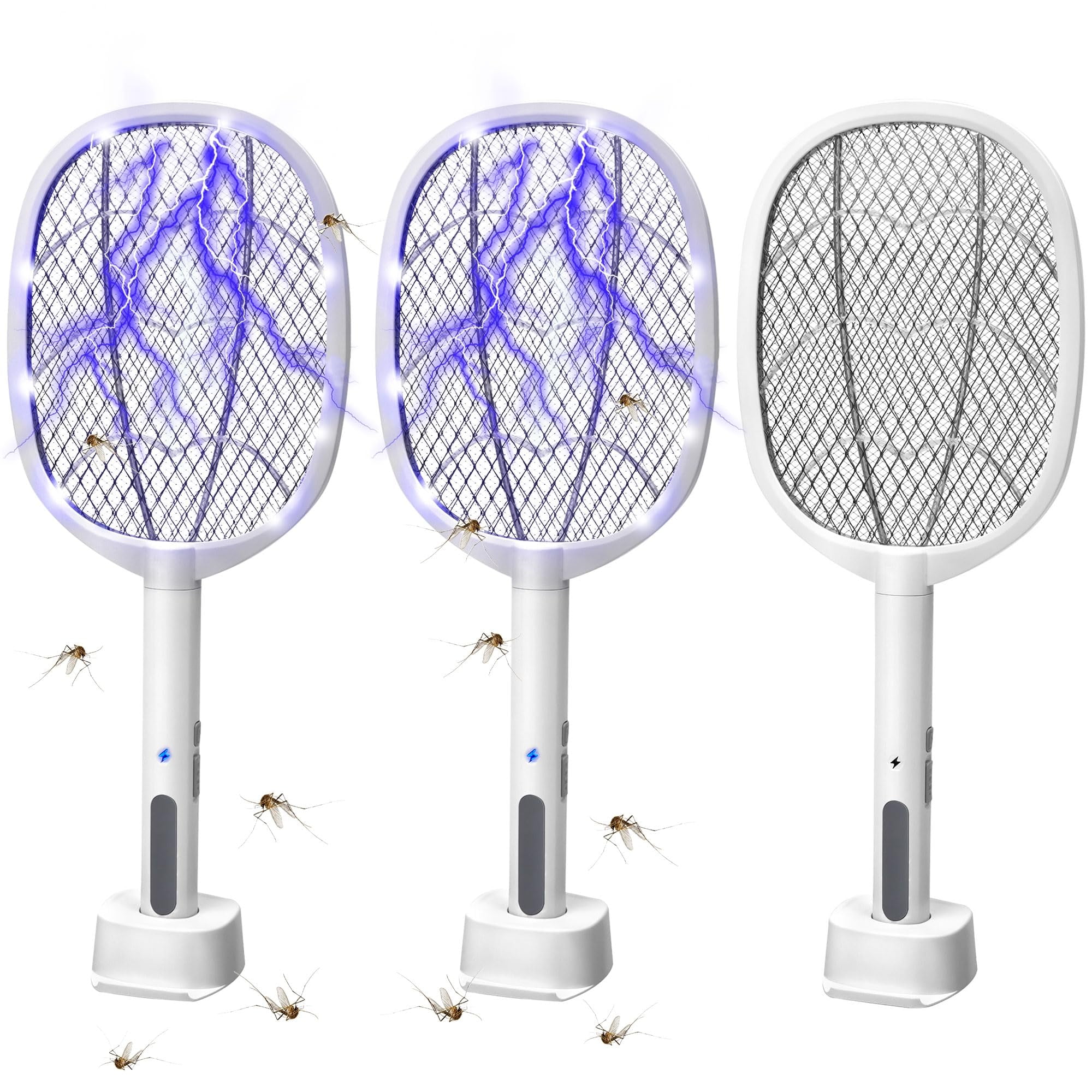 3 Packs Electric Fly Swatter Rackets  2-in-1 Handhold Zapper With 3000v High Plug-in Mosquito Killer Insect Light 3 Layer Safety Mesh Portable For Indoor Outdoor Use