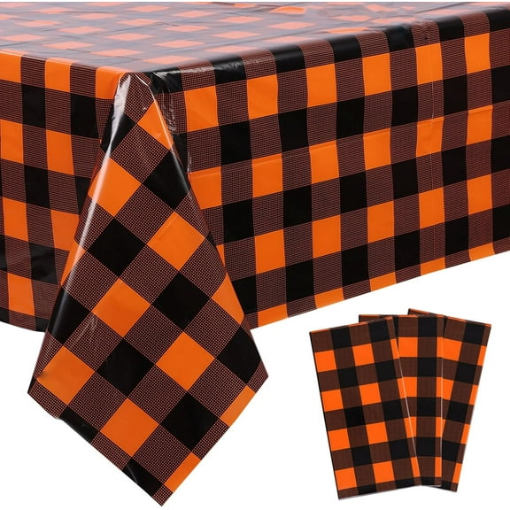 3 Packs Fall Orange Buffalo Check Plaid Tablecloth 54 x 108 Inches Waterproof Autumn Thanksgiving Gingham Table Cloth Disposable Orange and Black Plastic Checkered Picnic Tablecover for Camping