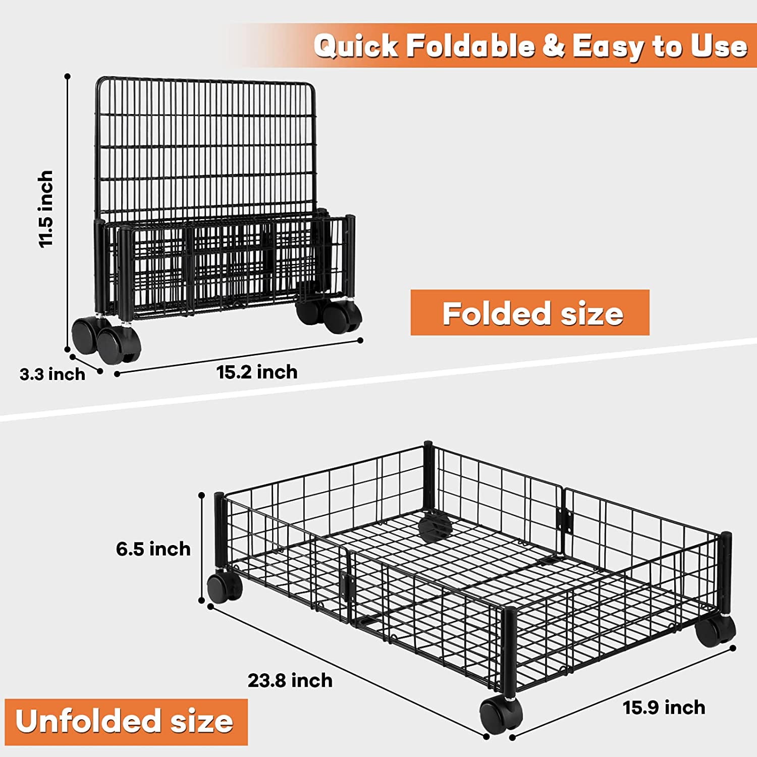 3 Packs Foldable Metal Under Bed Storage Container Bins with Wheels