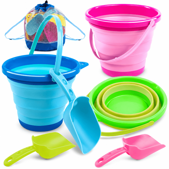 3 Packs Foldable Pail Bucket With Shovels & Bag Collapsible Buckets Multi Purpose For Beach Camping Gear Party Fishing And Fun Summer Activities (blue/pink/green)