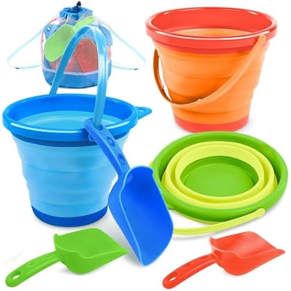 3 Packs Foldable Pail Bucket with Shovels & Mesh Bag, Collapsible Buckets Multi Purpose for Beach, Camping Gear, Beach Party, Fishing, and Fun Summer Activities (Orange/Blue/Green)