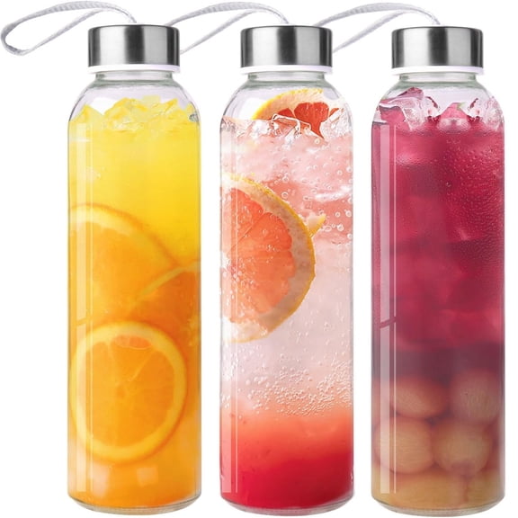 3 Packs Glass Water Bottles, Clear Juice Bottles Reusable Bottle with Stainless Steel Cap Glass Cups Liquid Storage Containers for Juicing Beverage Refrigerator Travel-17oz