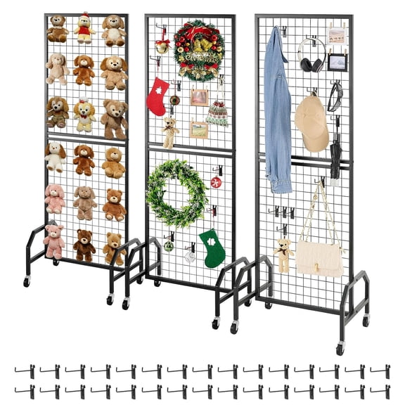 3 Packs Grid Wall Panels, 1.9 x 5.4 ft Wire Grid Panels Display Rack, Movable Art Display Shelf with Wheels and 30 Hooks, Black Carbon Steel Gridwall for Craft Show, Decor, Storage, Notice Board