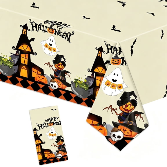 3 Packs Halloween Tablecloth, 108x54 Inches Halloween Plastic Table Cloth, Disposable Rectangle Table Cover for Halloween Party Decoration (Beige)