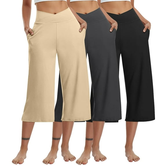 3 Packs High Waisted Business Capris for Women Elastic Waist Wide Leg Crossover Yoga Cropped Pants Relaxed Office Gaucho Pants Khaki S