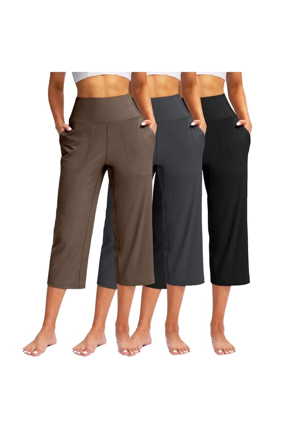 3 Packs Hiking Capri Pants with Pockets for Women Stretchy Wide Leg High Rise Maternity Gaucho Pants Elastic Waist Plus Size Running Cropped Pants Brown L