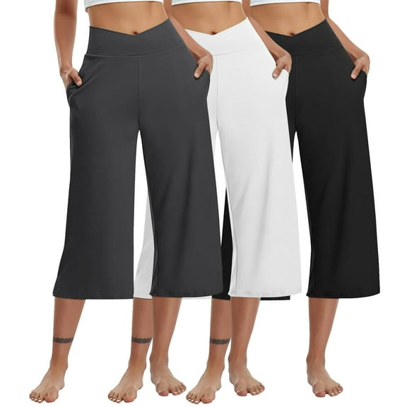 3 Packs Hiking Capri Pants for Women Low Rise Elastic Waist Wide Leg Yoga Cropped Pants Crossover Boho Running Gaucho Pants Dark Gray XL