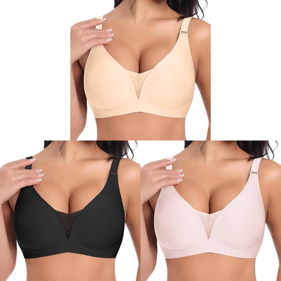 3 Packs Jelly Bras for Women Push Up Full Figure Deep V Smooth Minimizer Bra Wireless Thin Light Support Smooth Cup Comfort T Shirt Bra L
