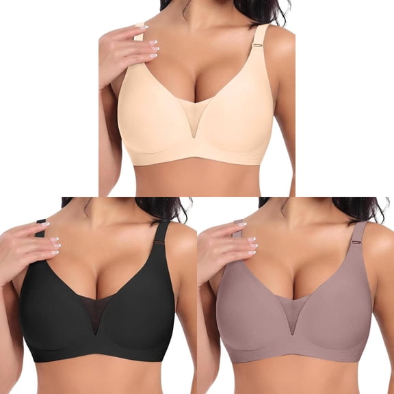 3 Packs Jelly Bras for Women Push Up Full Figure Deep V Smooth Minimizer Bra Wireless Thin Light Support Smooth Cup Comfort T Shirt Bra S
