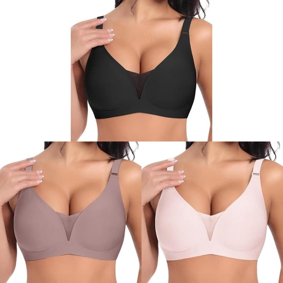 3 Packs Jelly Bras for Women Push Up Full Figure Deep V Smooth Minimizer Bra Wireless Thin Light Support Smooth Cup Comfort T Shirt Bra XL