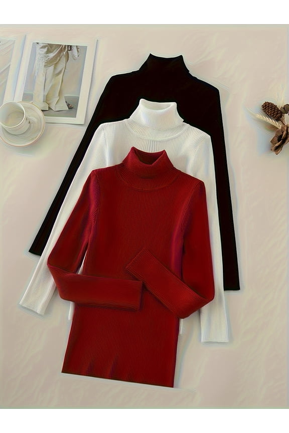 3 Packs Knitted Turtleneck Pullover Sweater, Long Sleeve Casual Solid Color Sweater For Fall & Winter, Women's Clothing