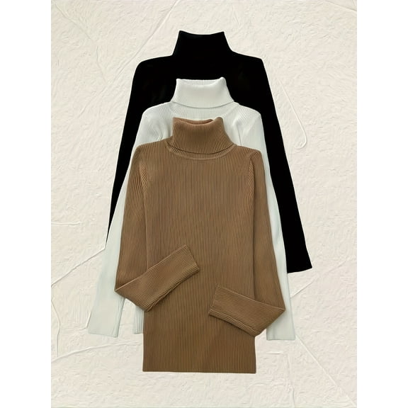 3 Packs Knitted Turtleneck Pullover Sweater, Long Sleeve Casual Solid Color Sweater For Fall & Winter, Women's Clothing