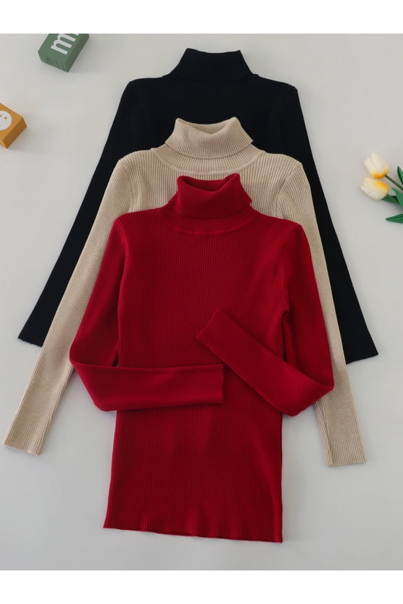 3 Packs Knitted Turtleneck Pullover Sweater, Long Sleeve Casual Solid Color Sweater For Fall & Winter, Women's Clothing