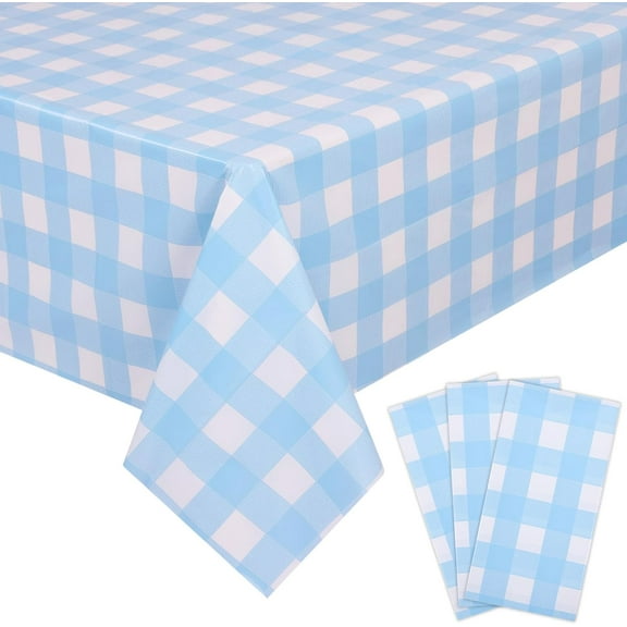 3 Packs Light Blue Gingham Tablecloth Pale Blue and White Checkered Tablecloths 54 x 108 Inches Disposable Plastic Gingham Tablecovers Waterproof Rectangle Picnic Table Cover for Birthday Party
