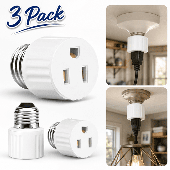 3 Packs Light Socket Plug Adapter,3 Prong Light Socket to Plug Adapter,E26 Light Bulb to Outlet Socket Converter,2/3 Prong Screw in Outlet Socket for Camera Garage Porch, White