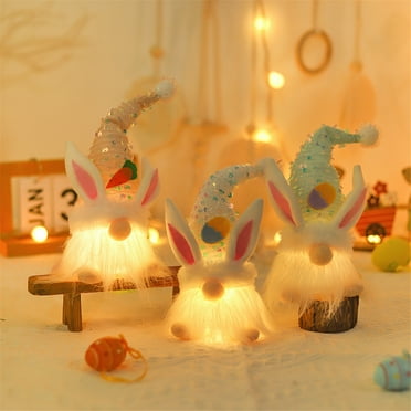 3 Packs Lighted Bunny Easter Gnomes Plush Decorations, Handmade Mini Scandinavian Swedish Tomte,Spring Sequin Light Up Elf Holiday, Battery Operated Easter Day Gift Tabletop Ornament