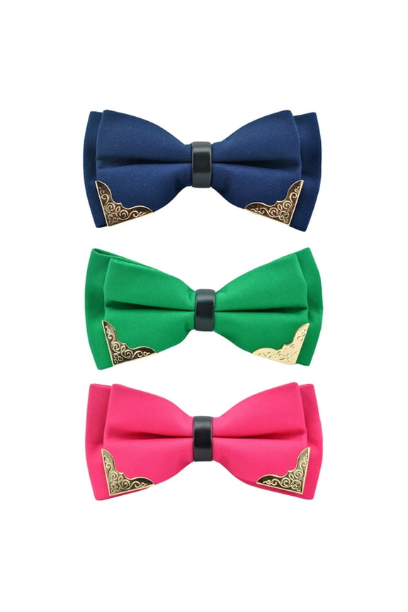 3 Packs Men Metal Flower Faux Leather Bowtie Wedding Party Tuxedo Bow Neck Tie