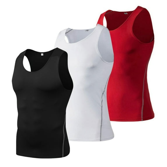 3 Packs Men's Athletic Compression Shirts Sleeveless Cool Dry Workout Tank Top Muscle Gym Body Shaper Vest Black+White+Red XL