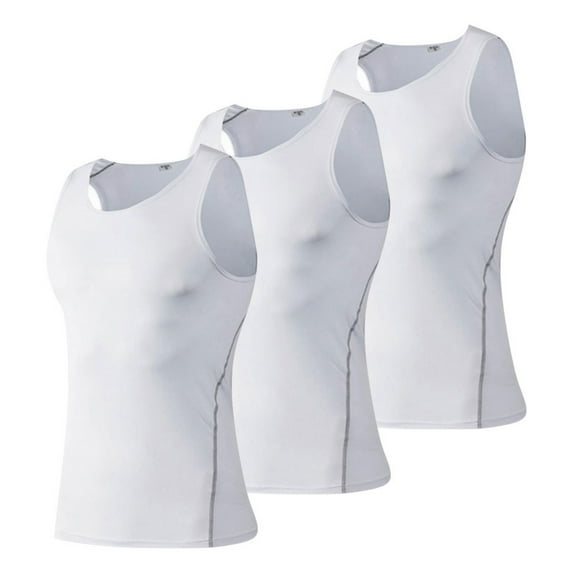 3 Packs Men's Athletic Compression Shirts Sleeveless Cool Dry Workout Tank Top Muscle Gym Body Shaper Vest White L