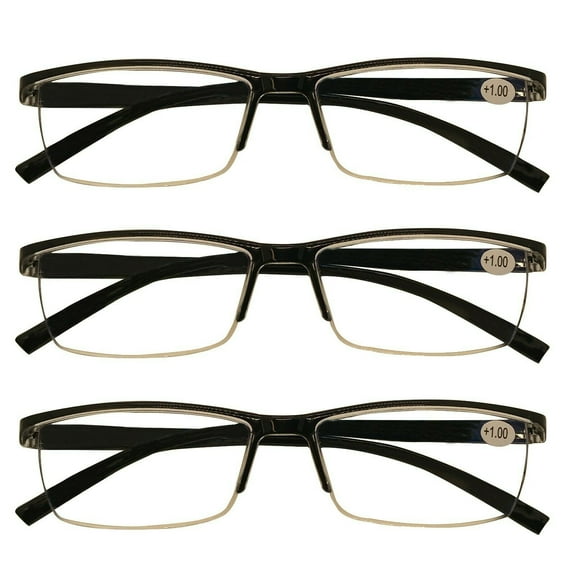 3 Packs Mens Rectangle Half Frame Reading Glasses Blue Light Blocking Black Spring Hinge Readers +1.00