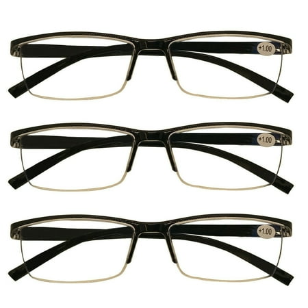 3 Packs Mens Rectangle Half Frame Reading Glasses Blue Light Blocking Black Spring Hinge Readers +1.25
