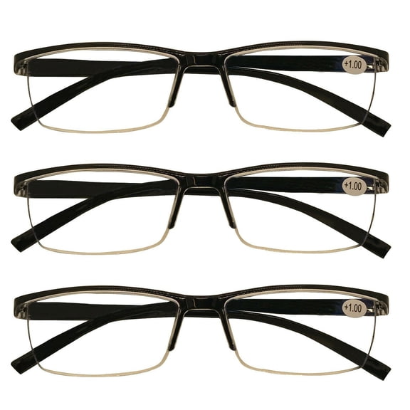 3 Packs Mens Rectangle Half Frame Reading Glasses Blue Light Blocking Black Spring Hinge Readers +2.75