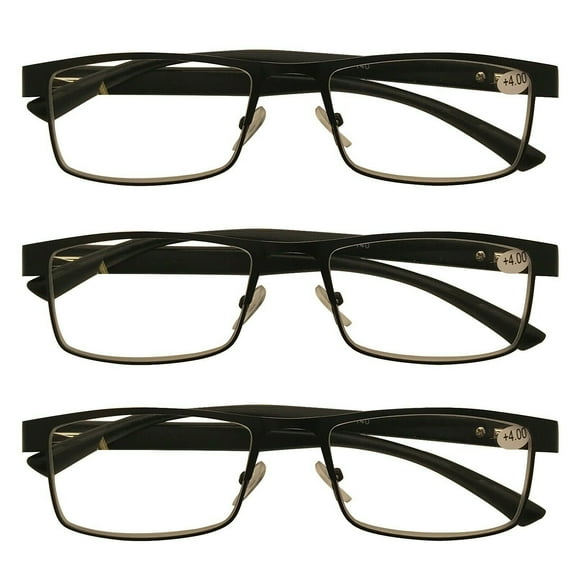 3 Packs Mens Rectangle Metal Frame Reading Glasses Black Spring Hinge Readers +1.00