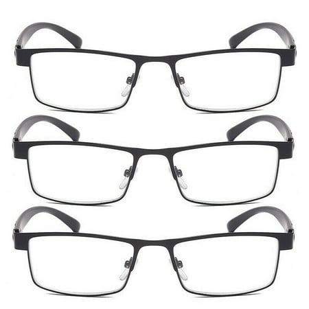 3 Packs Mens Rectangular Classic Metal Frame Reading Glasses Black Spring Hinge Readers +3.50