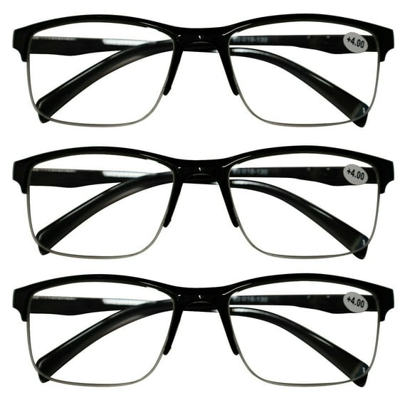 3 Packs Mens Unisex Half Frame Square Reading Glasses Black Spring Hinge Readers +1.00
