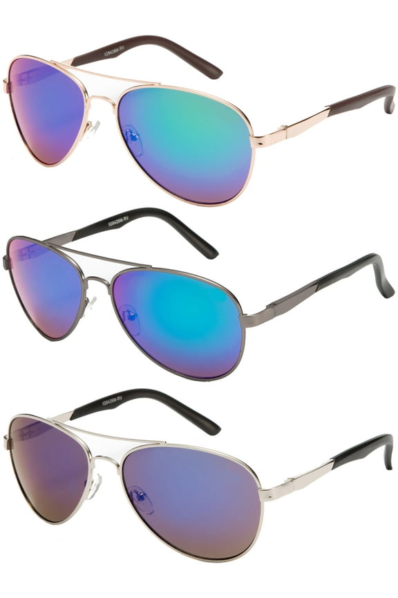 3 Packs Metal Frame Classic Aviator Spring Temple Flash Mirror Lens Fashion Sunglasses for Men for Women
