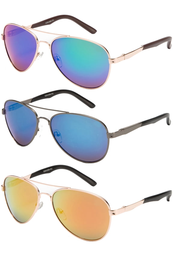 3 Packs Metal Frame Classic Aviator Spring Temple Flash Mirror Lens Fashion Sunglasses for Men for Women