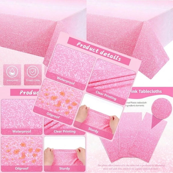 3 Packs Ombre Pink Tablecloth 54 x 108 Inch Gradient Pastel Pink Table Cloths Rectangle Disposable Plastic Light Pink Sprinkle Glitter Table Covers for Birthday Shower Party Decorations