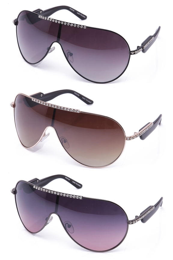 3 Packs Oversized Large One Piece Lens Metal Aviator Rhinestone Frame Fashion Sunglasses for Women