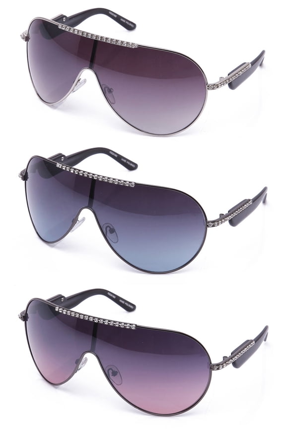 3 Packs Oversized Large One Piece Lens Metal Aviator Rhinestone Frame Fashion Sunglasses for Women