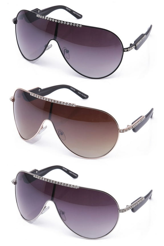 3 Packs Oversized Large One Piece Lens Metal Aviator Rhinestone Frame Fashion Sunglasses for Women