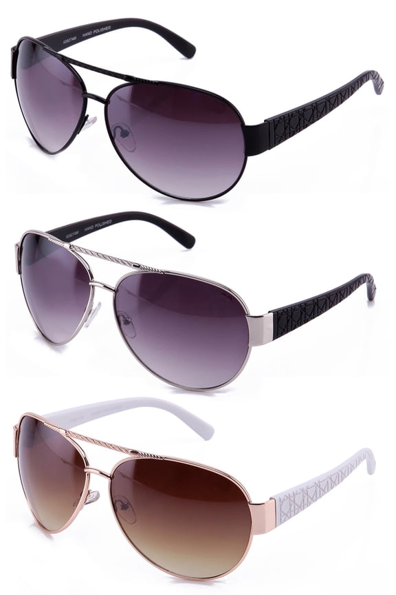 3 Packs Oversized Metal Aviator Plastic Temple Fashion Sunglasses for Women for Men