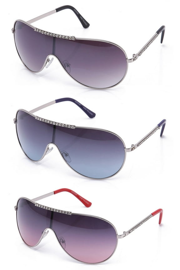 3 Packs Oversized One Piece Lens Metal Aviator Rhinestone Large Frame Fashion Sunglasses for Women
