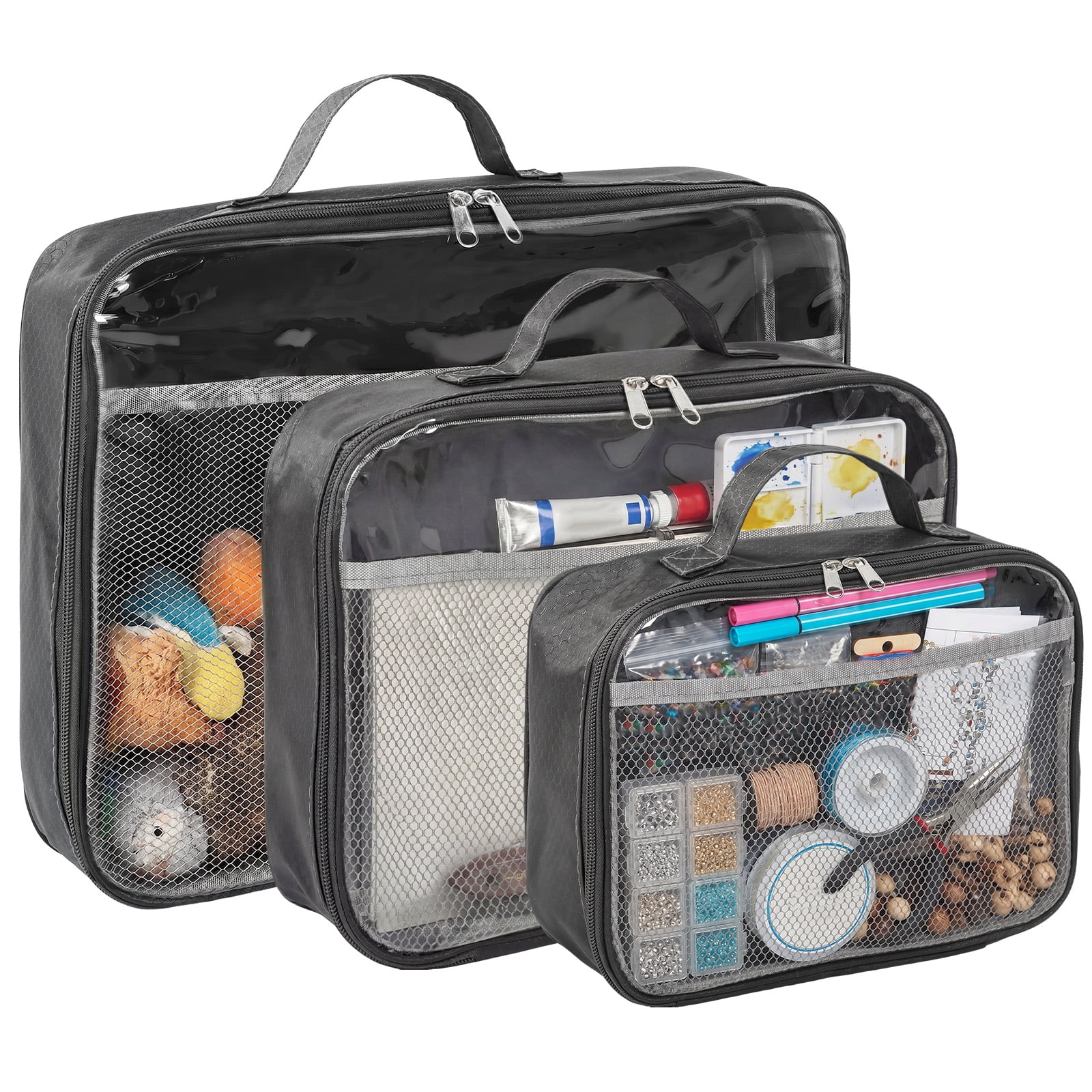 3 Packs PVC Toy Storage Organizer with Zipper Name Tag & Manual Pocket, Clear Durable Case for Blocks Clay Board Games Travel