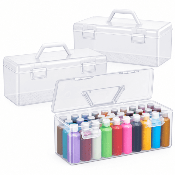 3 Packs Paint Storage Containers, Portable Craft Paint Boxes with Handles, Plastic Organizer Box, Large Capacity Transparent Boxes for 30 Bottles, Acrylic Paint Storage, Paint Holder for Art Supplies