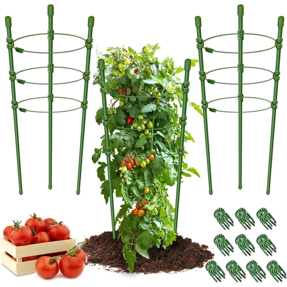 3 Packs Plant Support Cages Tomato Cage for Garden- 18 Inch Adjustable Garden Cucumber Trellis Plant Stakes, Trellis Support Rings for Climbing Plants, Pots, Indoor Plants with 10 Plant Clips