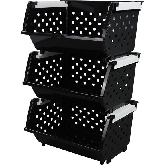 3 Packs Plastic Stackable Storage Baskets, Stacking Plastic Bins for Organizer