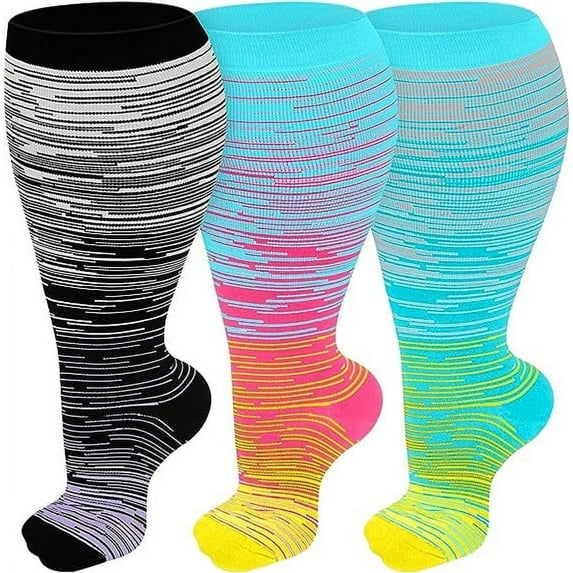3 Packs Plus Size Compression Socks Wide Calf For Women & Men 20-30 mmhg - Large Size Knee High Support Stockings For Medical