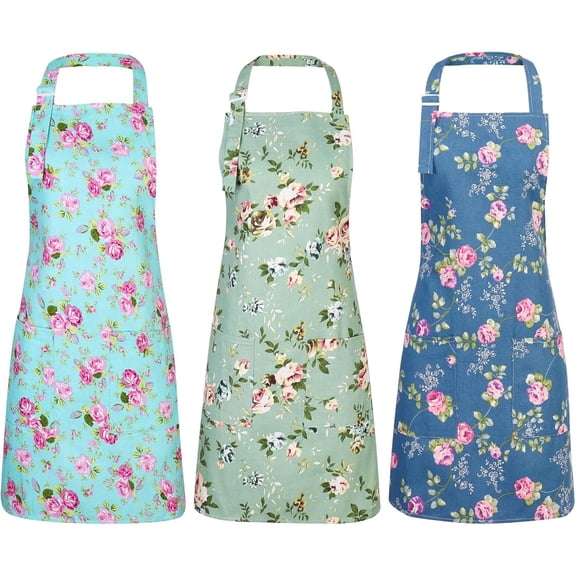 3 Packs Pottery Apron Split Leg, Cross Back Strap Adjustable Floral Aprons with 2 Pockets