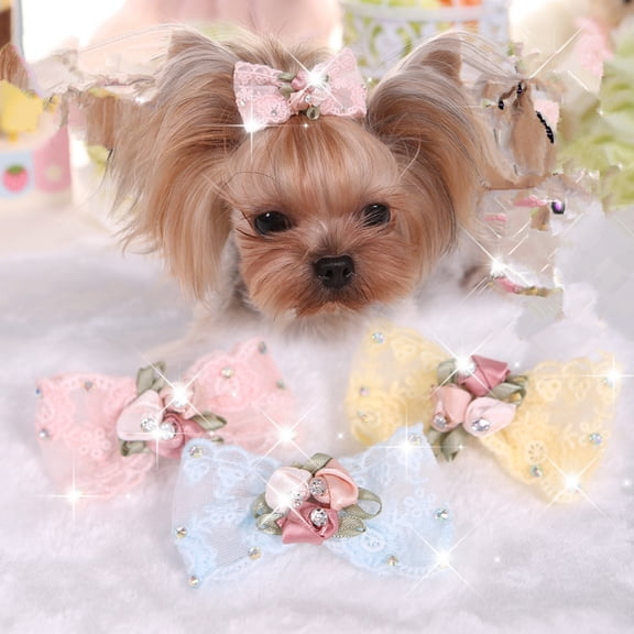 3 packs Rhinestone Barrettes for Girls Dog Hair Clips Small Dogs Pet Bows