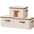 thumbnail image 1 of 3 Packs Closet Storage Bins with Zipper Lid, Cotton Linen Fabric Storage Bins, Foldable Shelves Clothes Storage Cubes with Handles for Wardrobe (Beige, 25L), 1 of 6